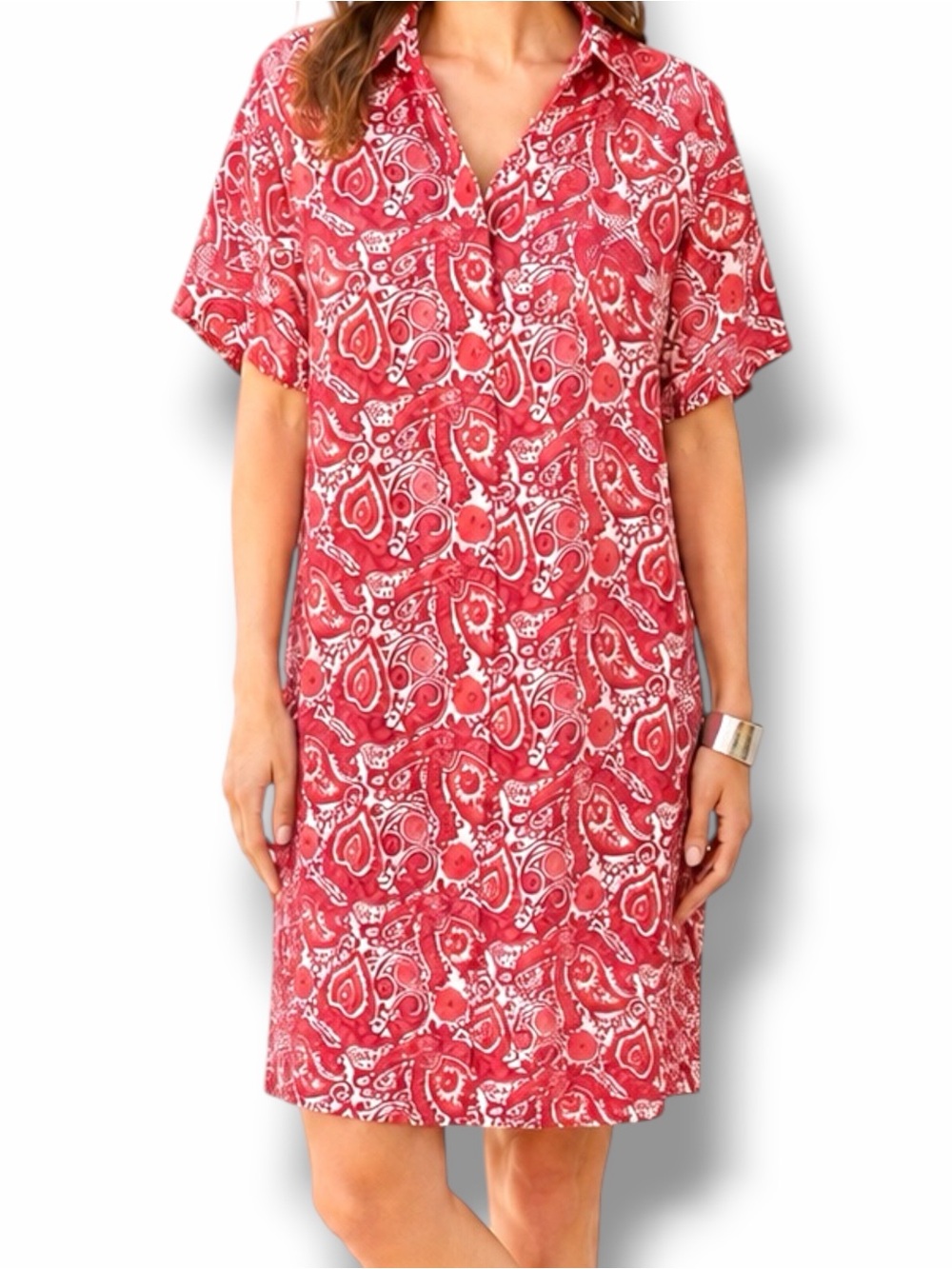 Anna Kay An’ge Paris Collaboration Red Berry Pink Paisley Cotton Shirt Dress